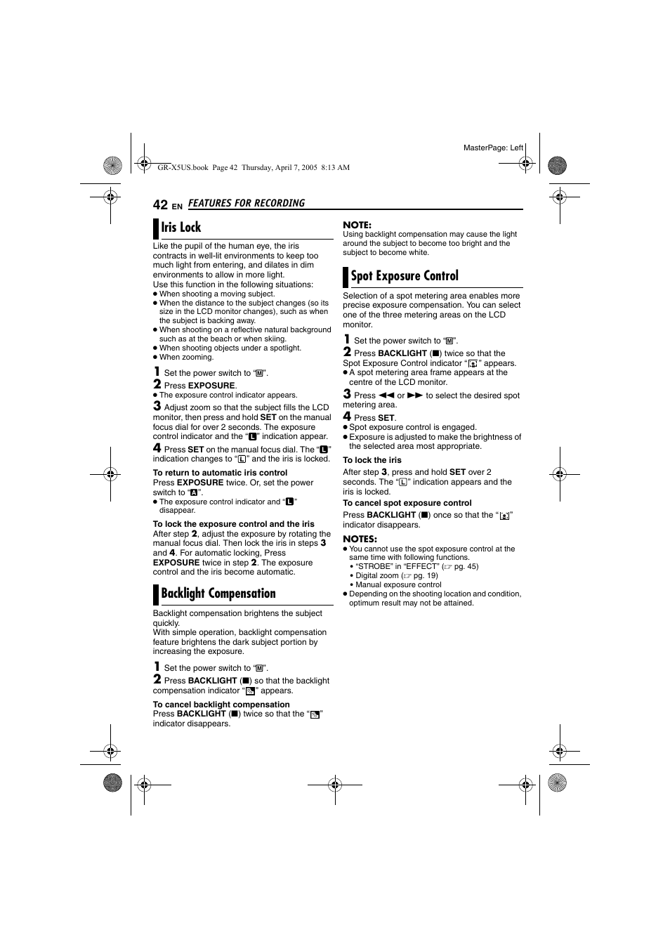 Iris lock, Backlight compensation, Spot exposure control | Pg. 42), Pg. 42, spot exposure, Control), 42 backlight compensation, 42 spot exposure control, Ight | JVC GR-X5U User Manual | Page 42 / 64