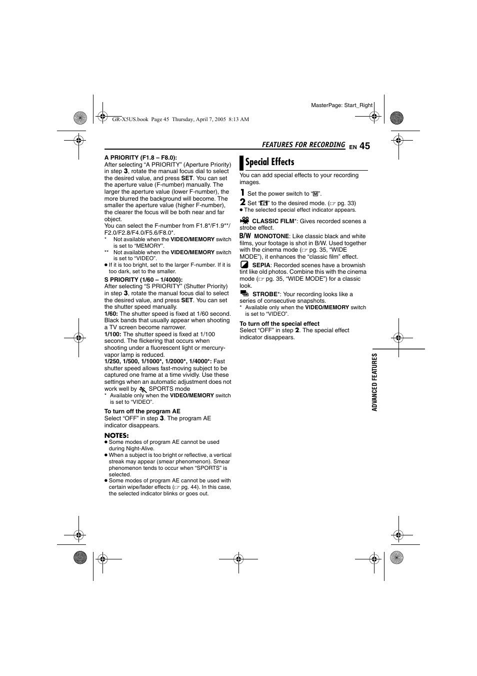 Special effects, Pg. 45), Special | Effects, E” in “effect, 45) i | JVC GR-X5U User Manual | Page 45 / 64