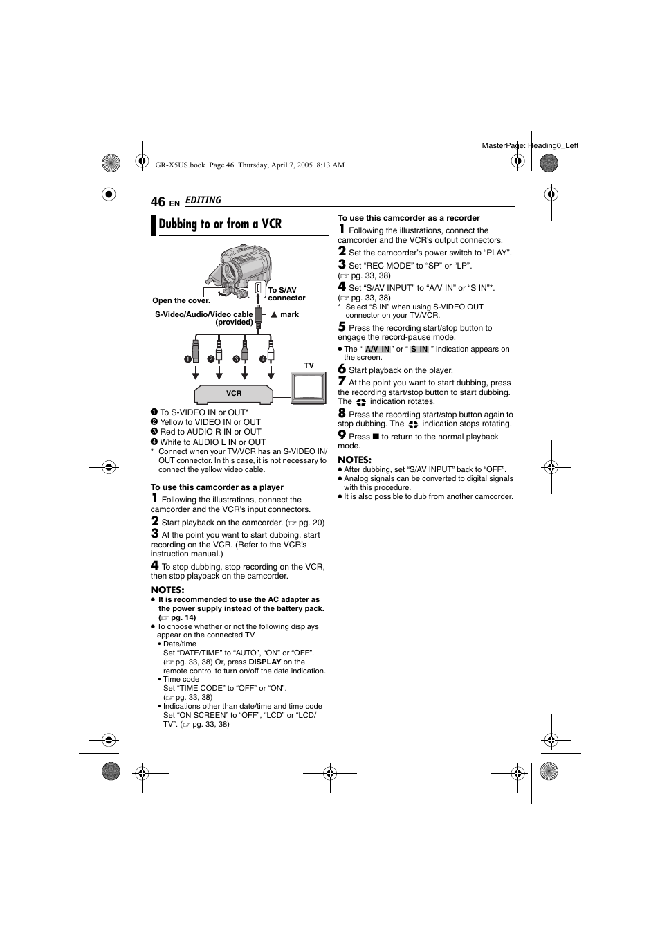 Editing, Dubbing to or from a vcr, Pg. 46, 47 | Pg. 46) | JVC GR-X5U User Manual | Page 46 / 64