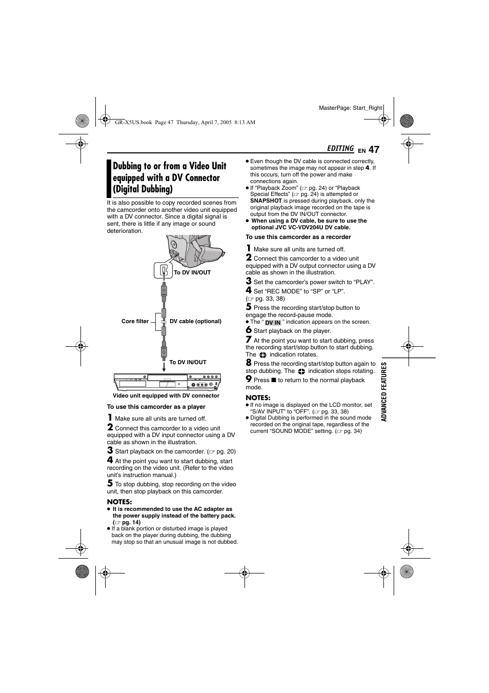 Dubbing to or from a video unit equipped with a, Dv connector (digital dubbing), Pg. 47, 4 | JVC GR-X5U User Manual | Page 47 / 64