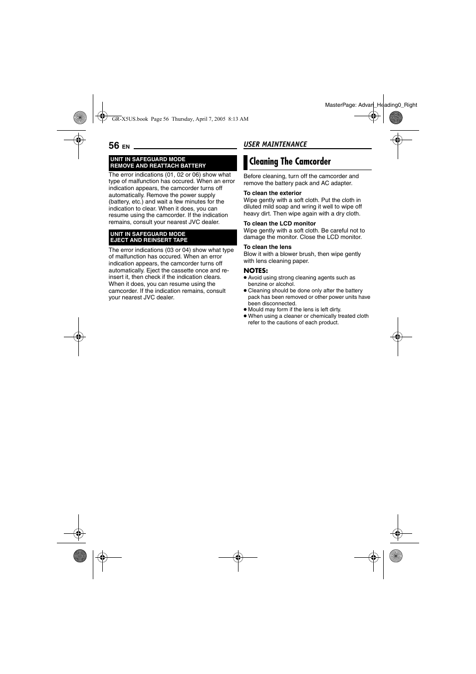 Cleaning the camcorder, User maintenance, Pg. 56) | Pg. 56 | JVC GR-X5U User Manual | Page 56 / 64