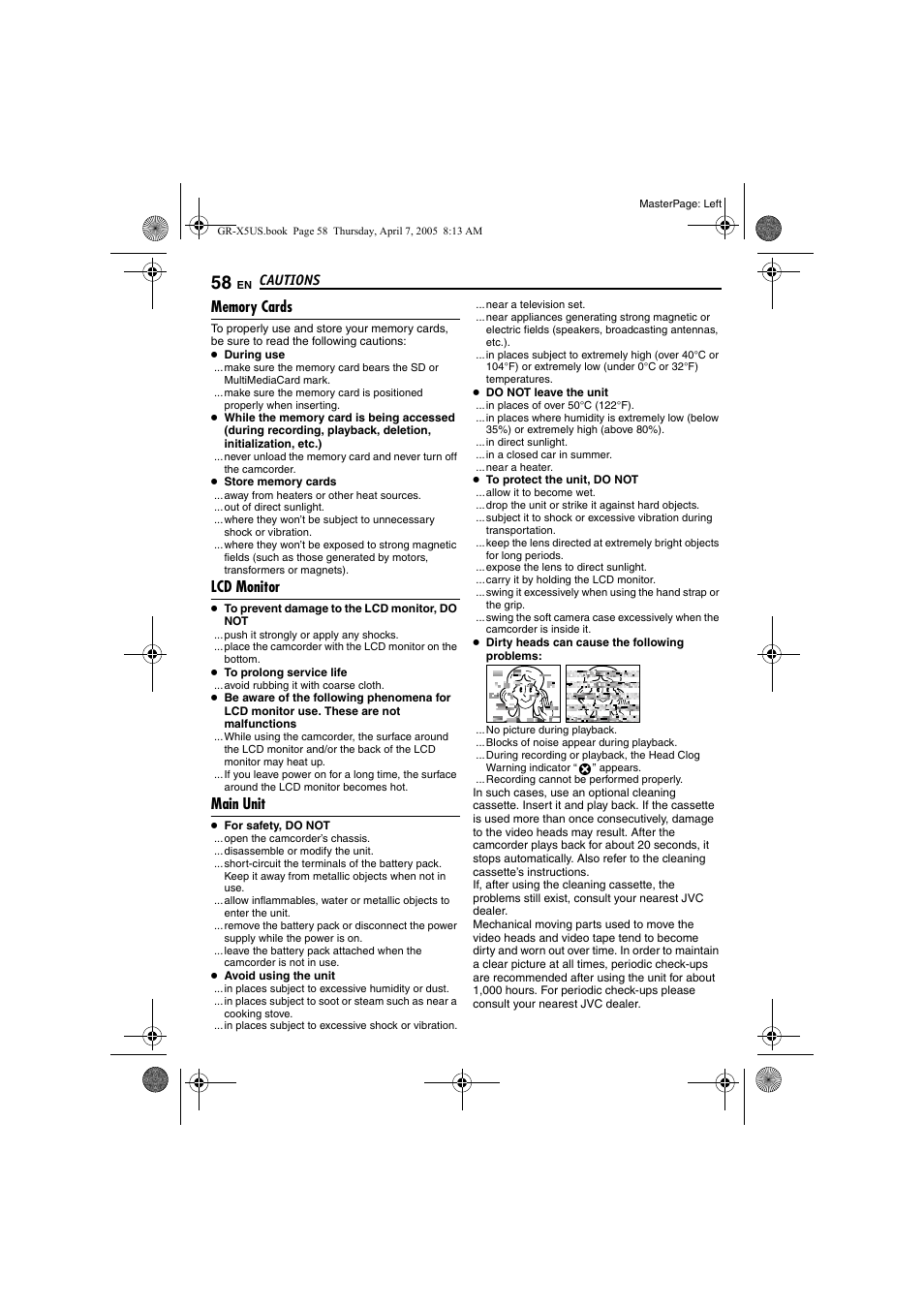 Memory cards, Lcd monitor, Main unit | Pg. 58) | JVC GR-X5U User Manual | Page 58 / 64