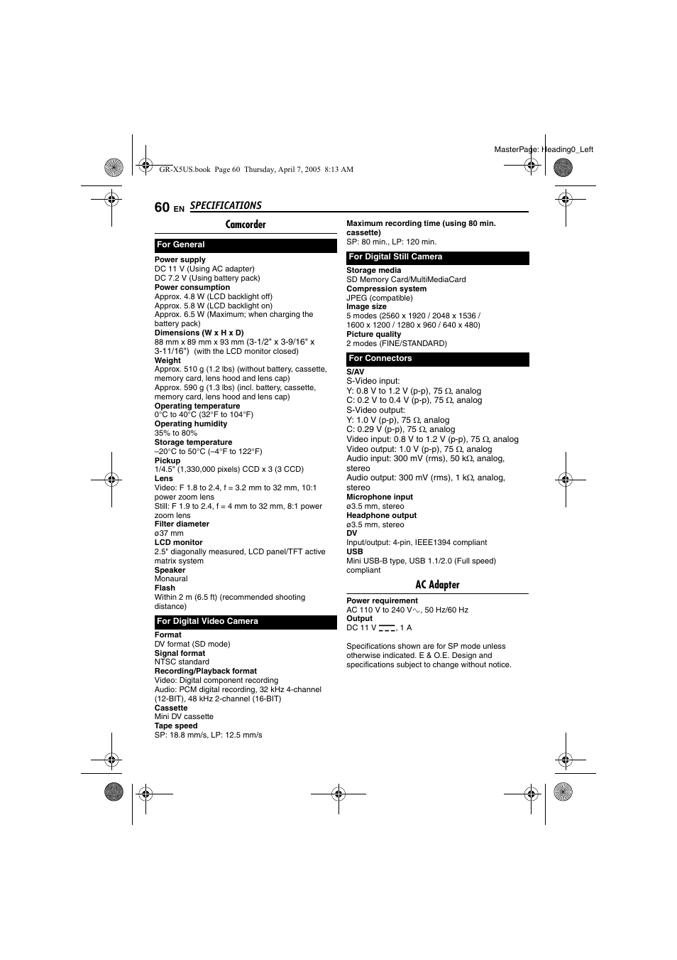 Specifications, Camcorder, Ac adapter | JVC GR-X5U User Manual | Page 60 / 64