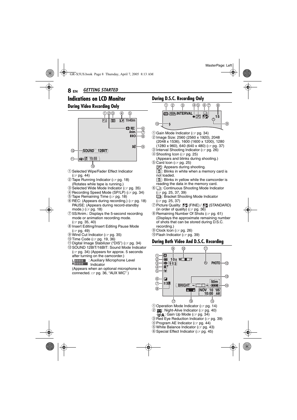 Indications on lcd monitor, During video recording only, During d.s.c. recording only | During both video and d.s.c. recording | JVC GR-X5U User Manual | Page 8 / 64