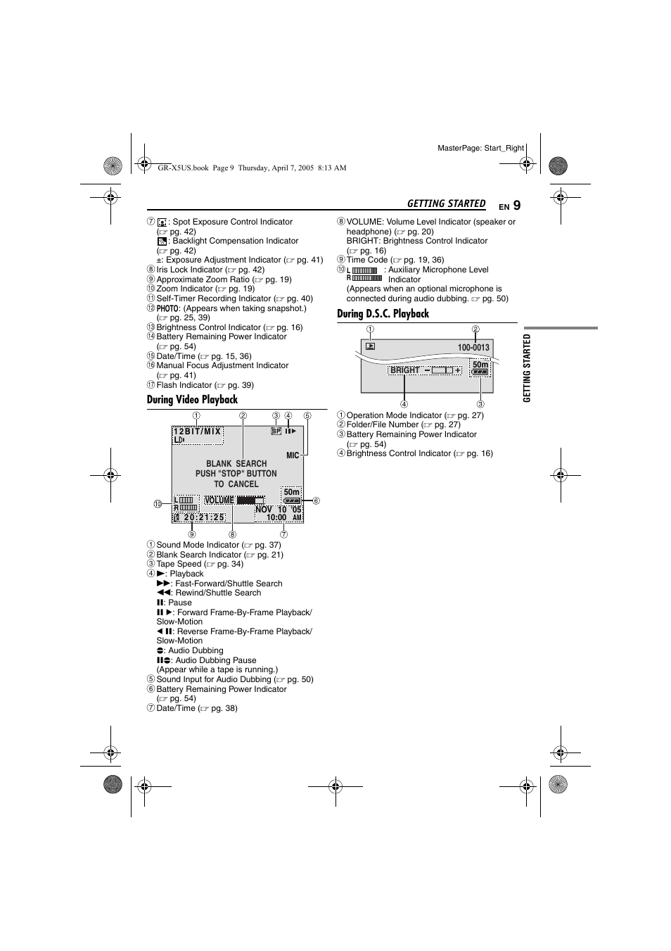 During video playback, During d.s.c. playback | JVC GR-X5U User Manual | Page 9 / 64