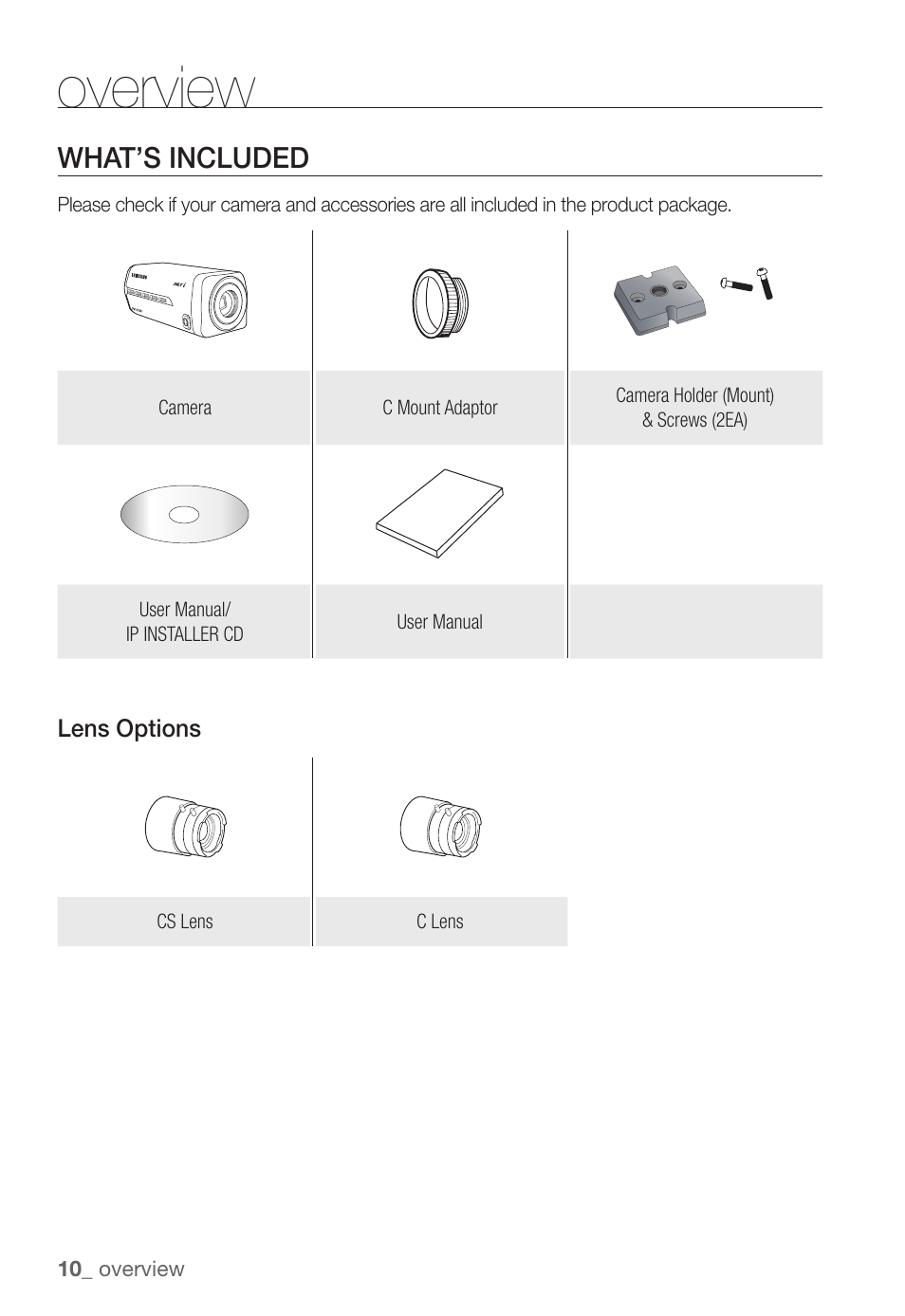 Overview, What’s included | Samsung SNC-B2331(P) User Manual | Page 10 / 102