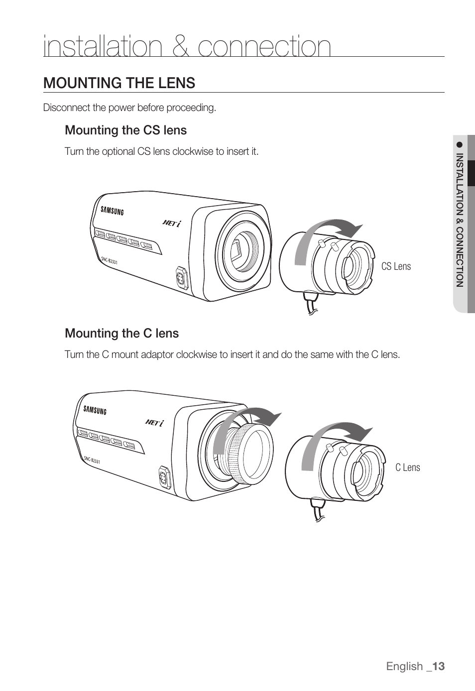 Installation & connection, Mounting the lens | Samsung SNC-B2331(P) User Manual | Page 13 / 102