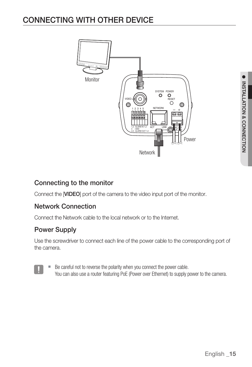 Connecting with other device, Connecting to the monitor, Network connection | Power supply, English _15, Monitor network power | Samsung SNC-B2331(P) User Manual | Page 15 / 102