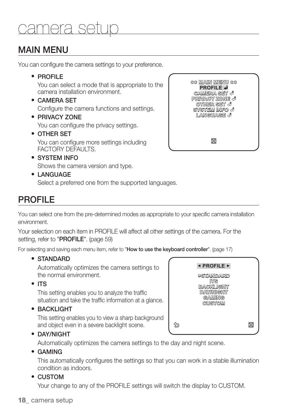Camera setup, Main menu, Profile | Samsung SNC-B2331(P) User Manual | Page 18 / 102