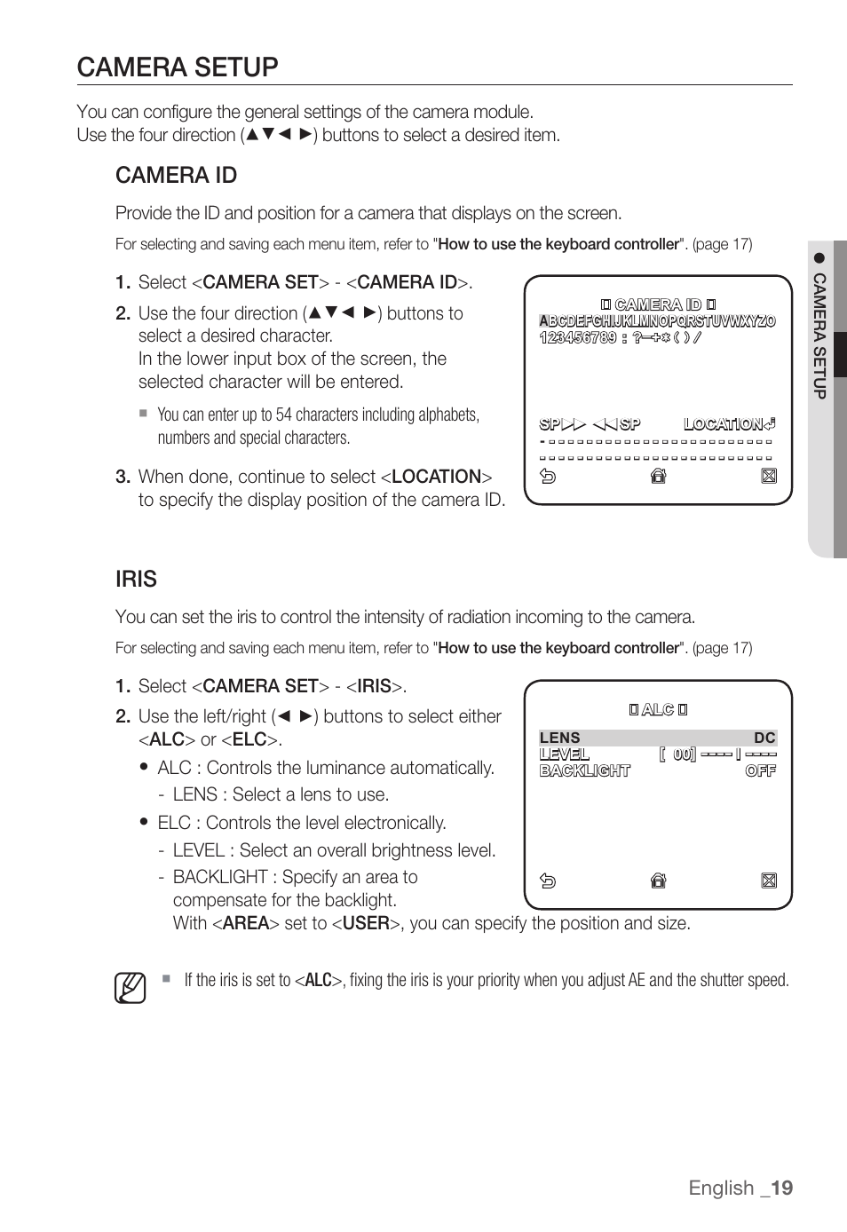 Camera setup, Camera id, Iris | Samsung SNC-B2331(P) User Manual | Page 19 / 102