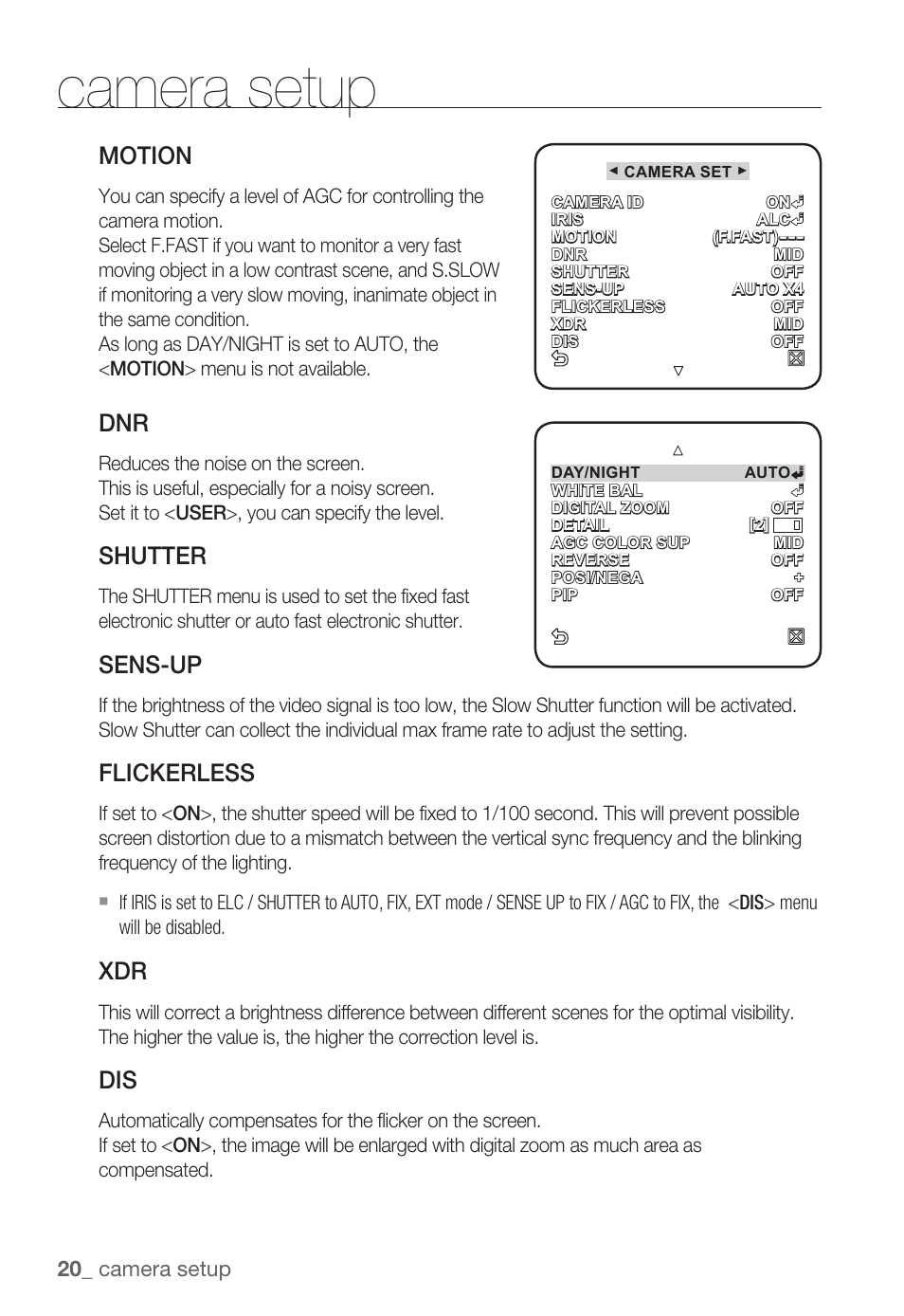 Camera setup, Motion, Shutter | Sens-up, Flickerless, 20_ camera setup | Samsung SNC-B2331(P) User Manual | Page 20 / 102