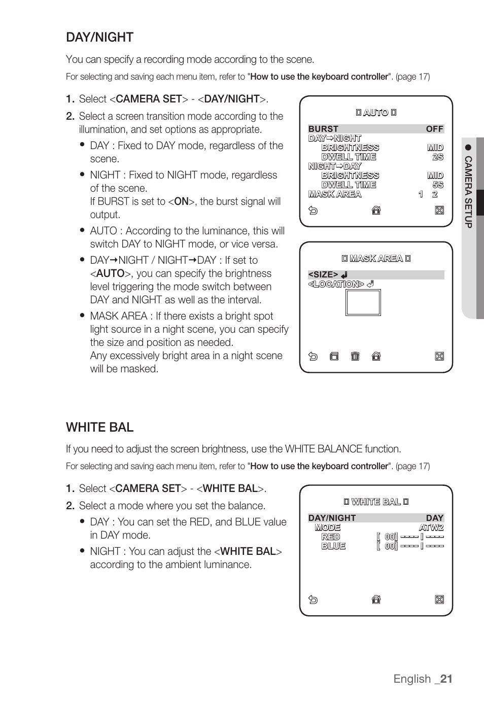 Day/night, White bal, English _21 | Samsung SNC-B2331(P) User Manual | Page 21 / 102