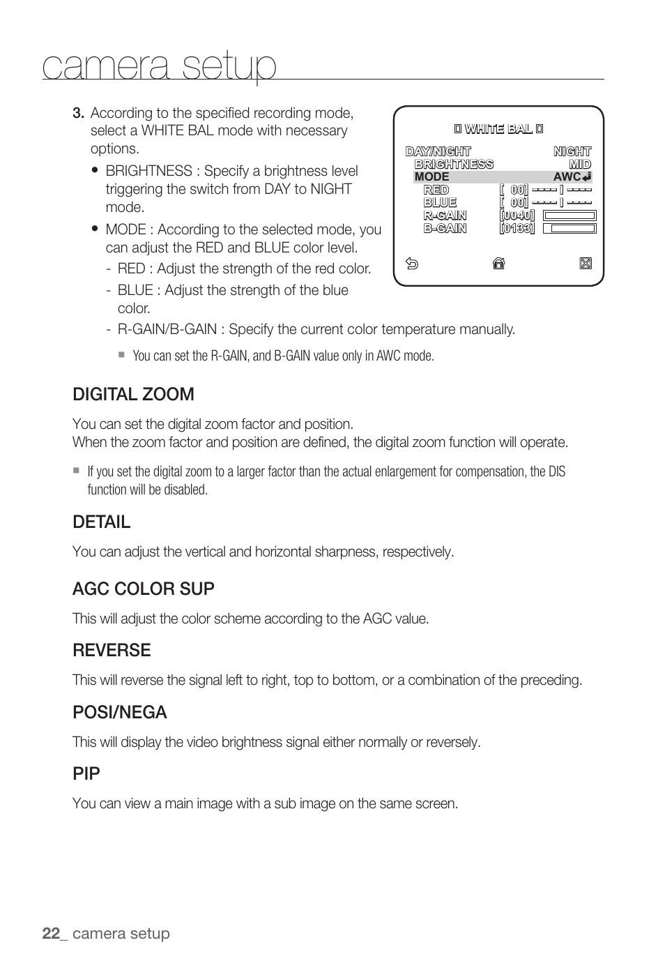 Camera setup, Digital zoom, Detail | Agc color sup, Reverse, Posi/nega | Samsung SNC-B2331(P) User Manual | Page 22 / 102