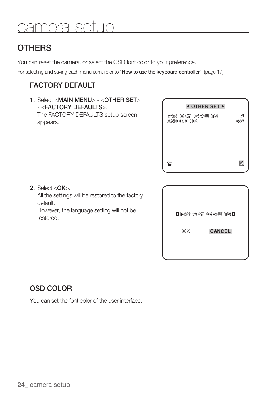 Camera setup, Others, Factory default | Osd color | Samsung SNC-B2331(P) User Manual | Page 24 / 102