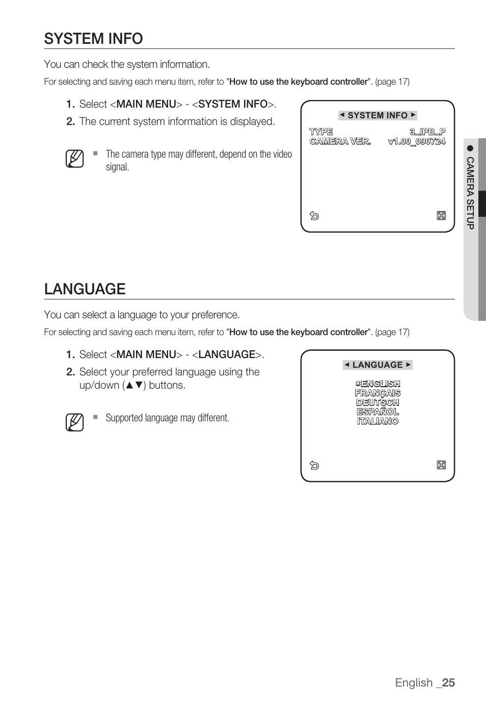 System info, Language | Samsung SNC-B2331(P) User Manual | Page 25 / 102
