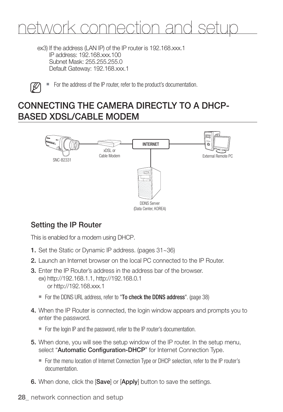 Network connection and setup, Setting the ip router | Samsung SNC-B2331(P) User Manual | Page 28 / 102