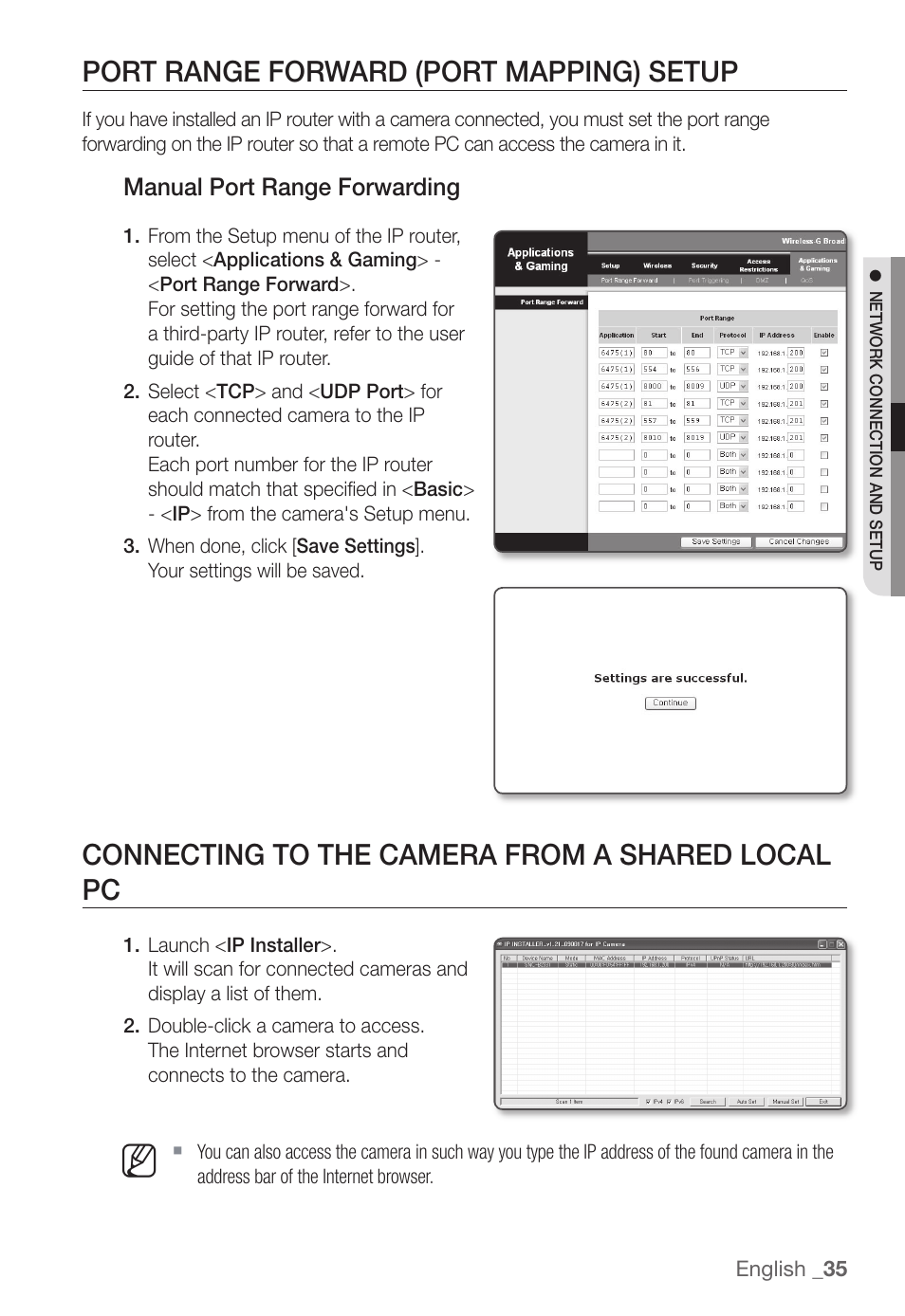 Port range forward (port mapping) setup, Connecting to the camera from a shared local pc | Samsung SNC-B2331(P) User Manual | Page 35 / 102