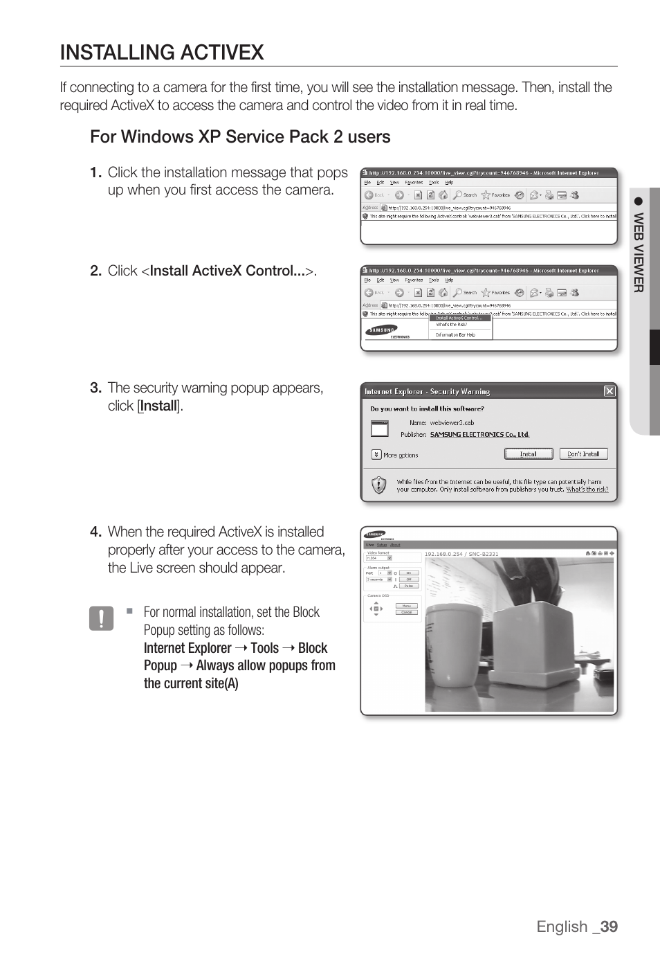 Installing activex | Samsung SNC-B2331(P) User Manual | Page 39 / 102