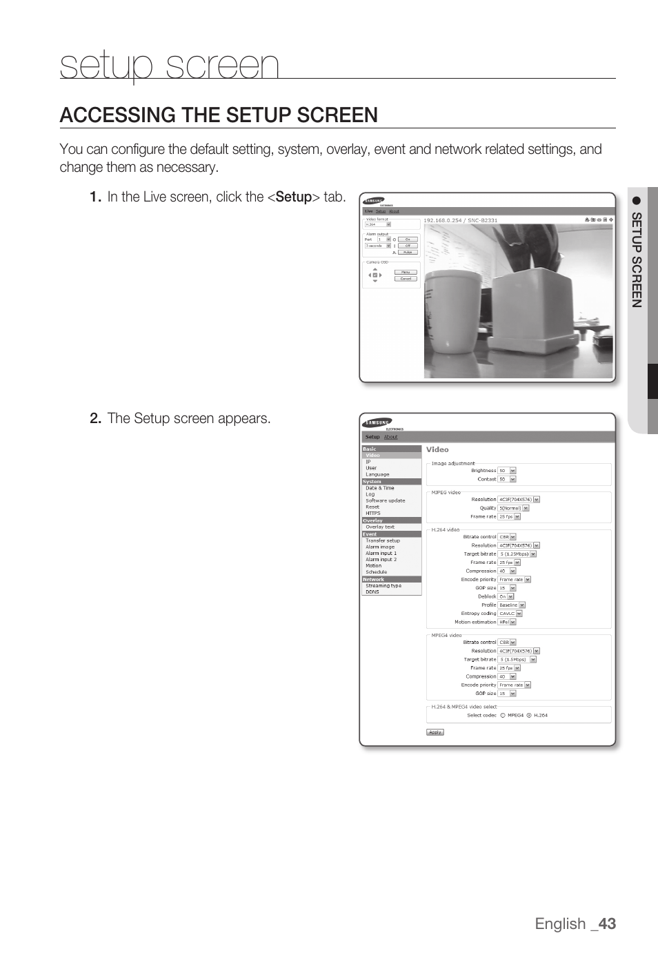 Setup screen, Accessing the setup screen | Samsung SNC-B2331(P) User Manual | Page 43 / 102