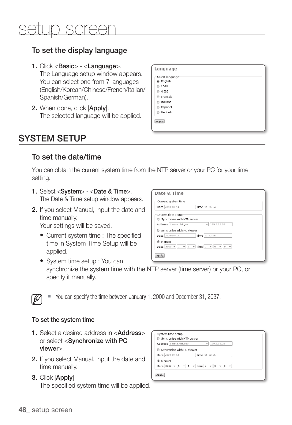 Setup screen, System setup | Samsung SNC-B2331(P) User Manual | Page 48 / 102
