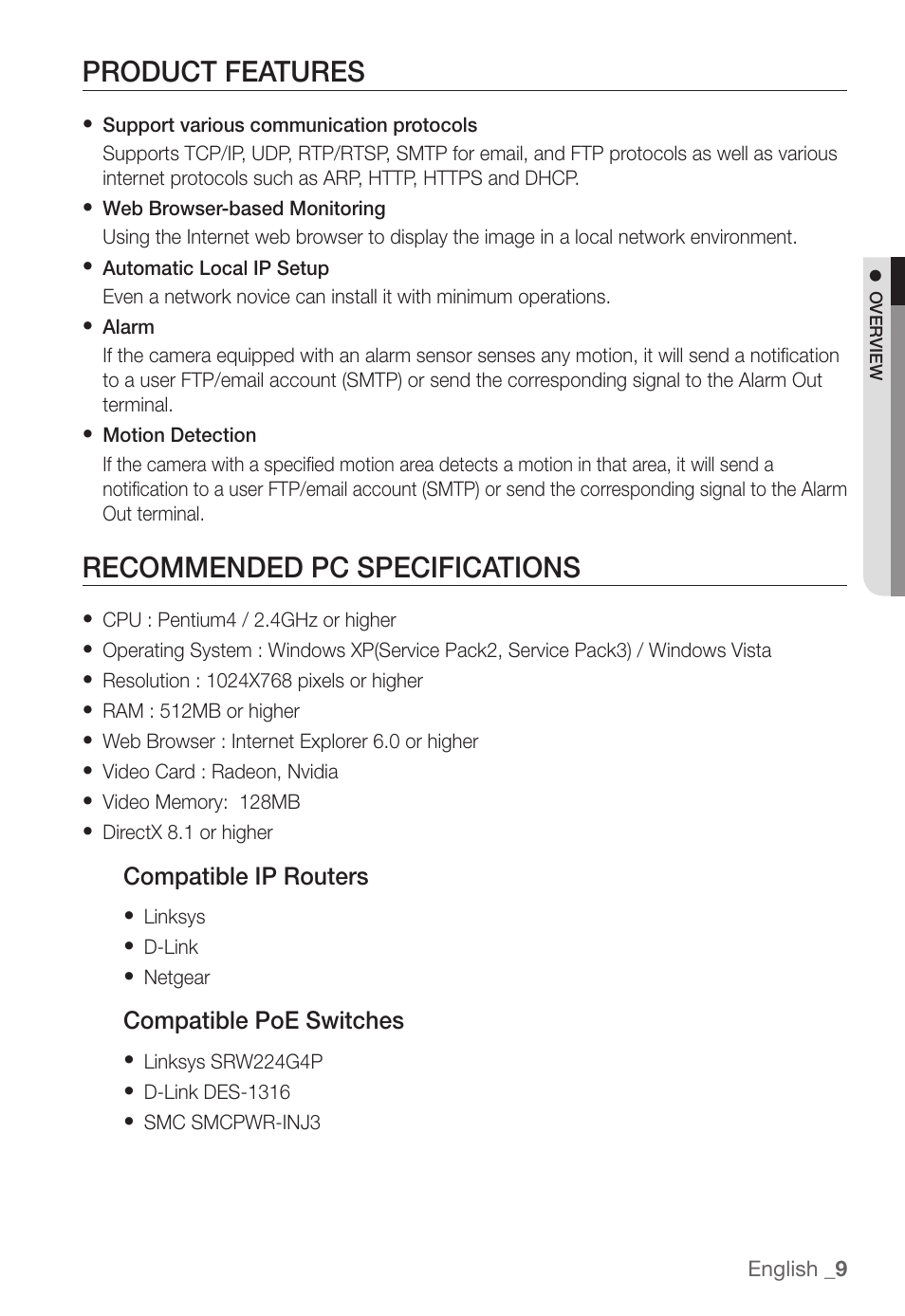 Product features, Recommended pc specifications, Compatible ip routers | Compatible poe switches | Samsung SNC-B2331(P) User Manual | Page 9 / 102