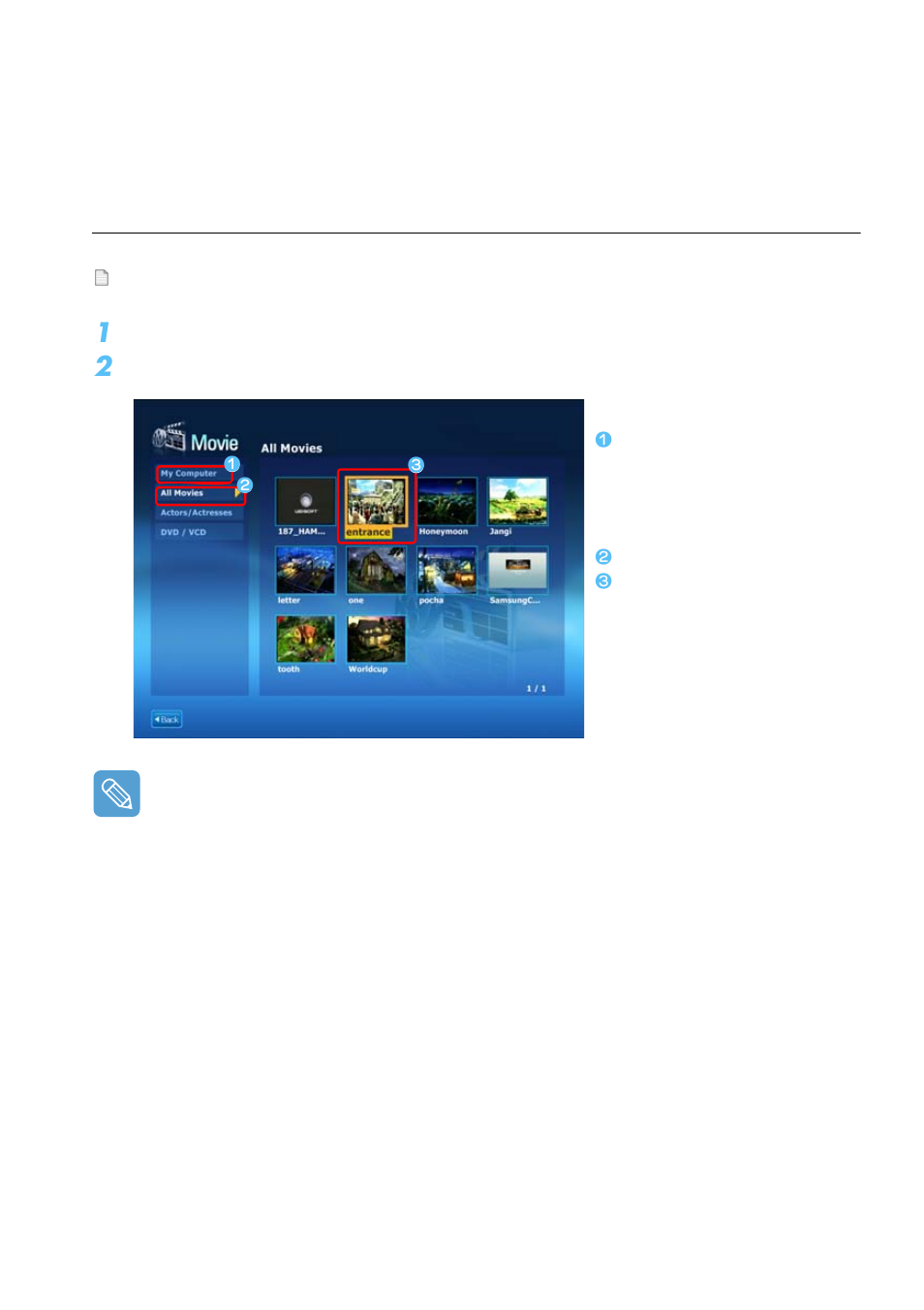 Movie station, Playing a movie file | Samsung Q1B User Manual | Page 84 / 141