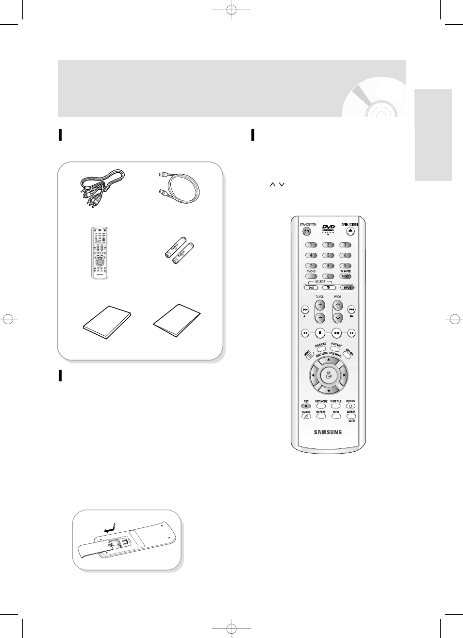 Unpacking, Getting started, English - 11 | Accessories, Preparing the remote control, Setting the remote control | Samsung DVD-R119 User Manual | Page 11 / 102