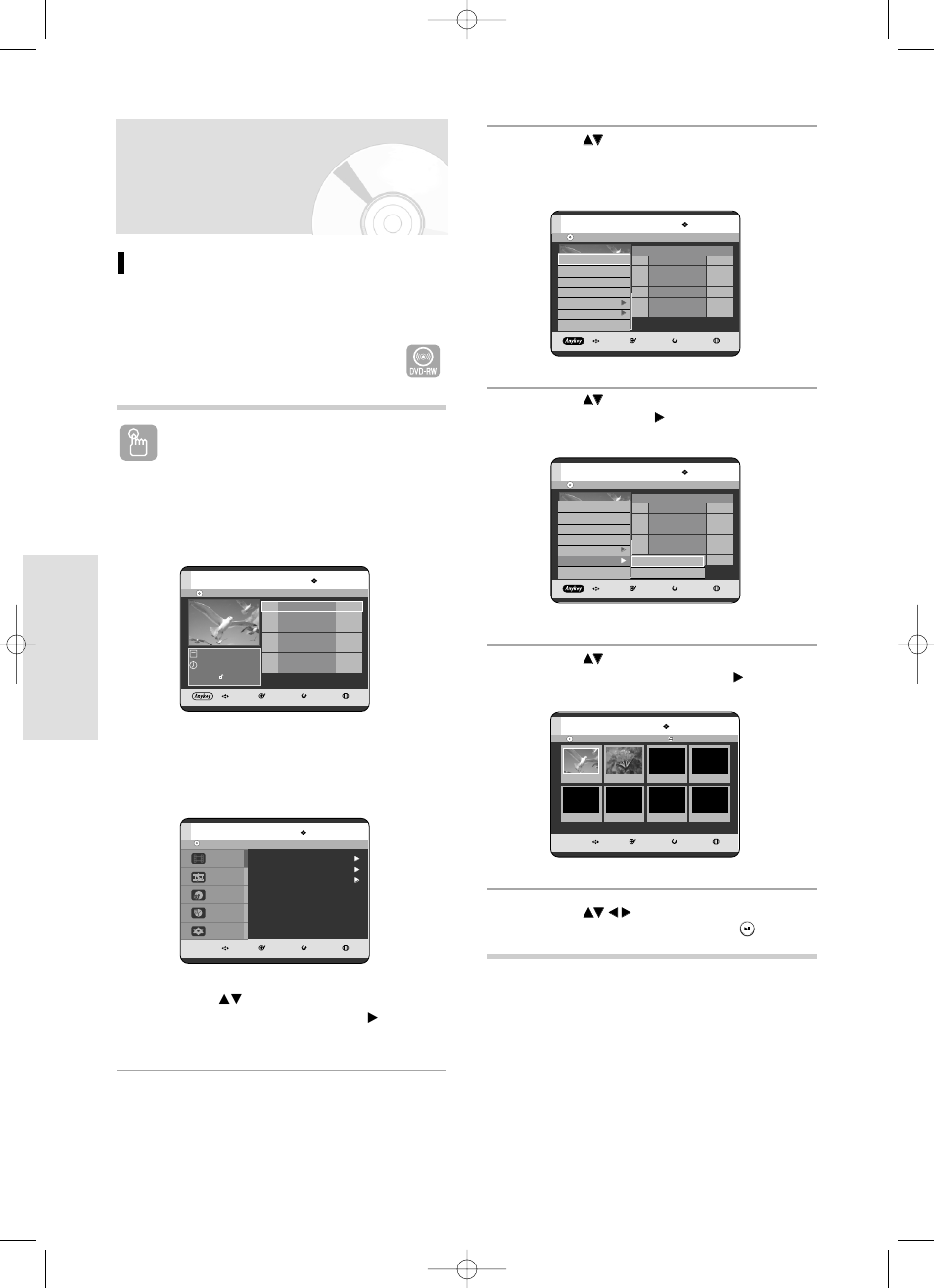 Navigation menu, Playback, 46 - english | Scene navigation, Using the title list button, Using the menu button, Press the ok or √ button twice. (vr mode), Press the, Button | Samsung DVD-R119 User Manual | Page 46 / 102