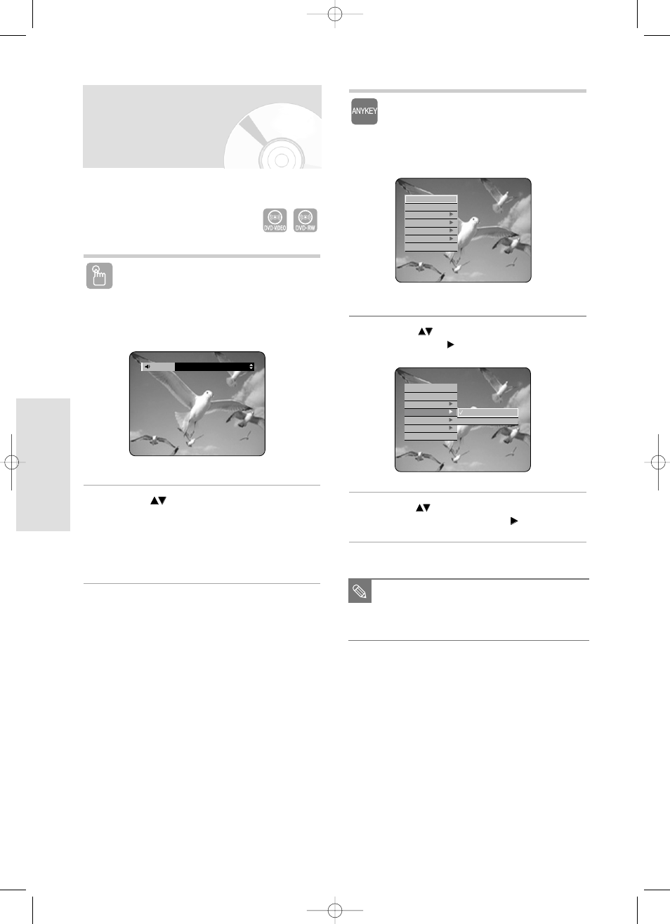 Selecting the audio, Playback, 54 - english | Using the audio button, Using the anykey button | Samsung DVD-R119 User Manual | Page 54 / 102