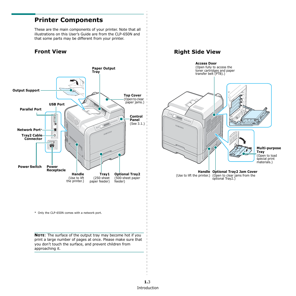 Printer components, Front view, Right side view | Samsung CLP-650 Series User Manual | Page 11 / 117