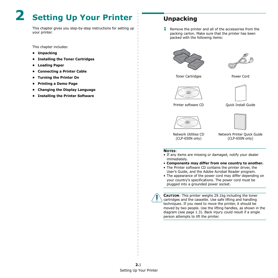 Setting up your printer, Unpacking | Samsung CLP-650 Series User Manual | Page 12 / 117