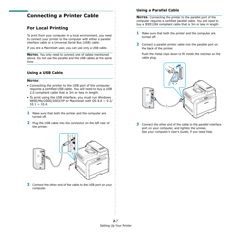Connecting a printer cable, For local printing | Samsung CLP-650 Series User Manual | Page 18 / 117