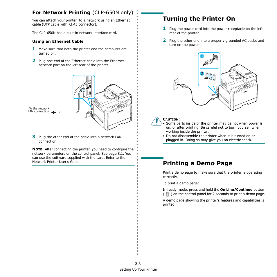 For network printing (clp-650n only), Turning the printer on, Printing a demo page | Samsung CLP-650 Series User Manual | Page 19 / 117