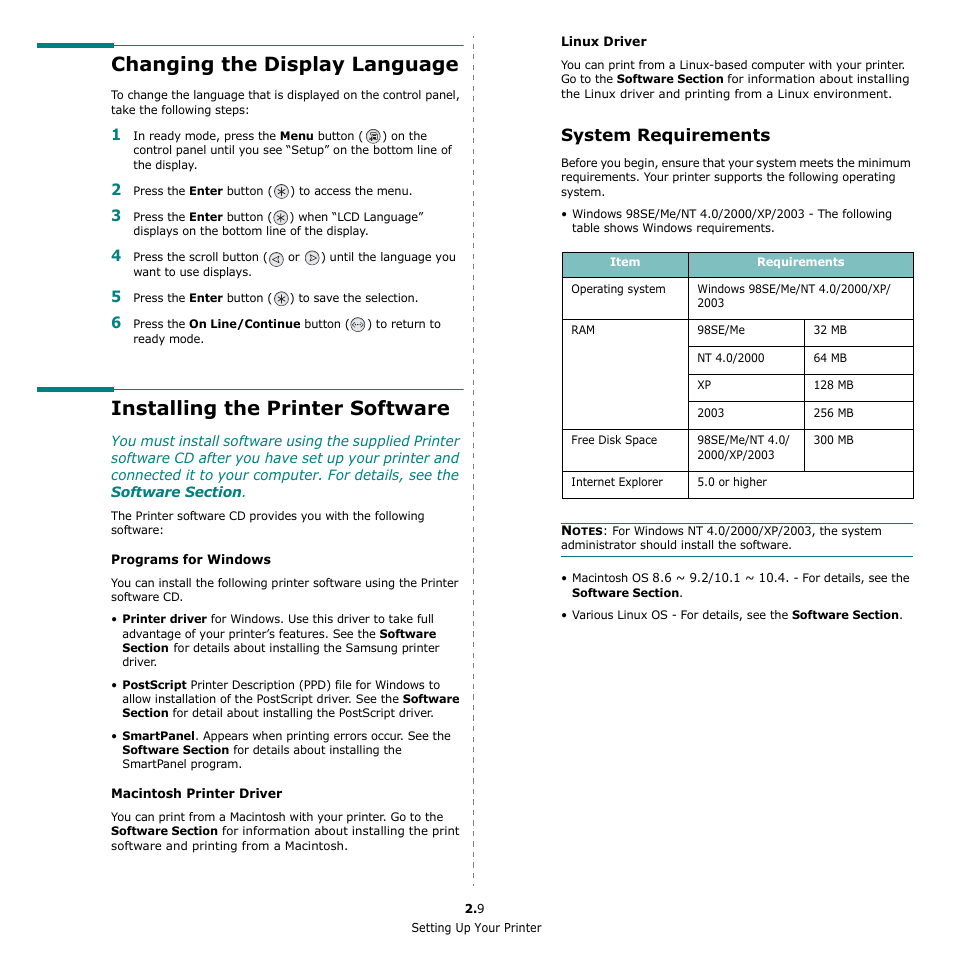 Changing the display language, Installing the printer software, System requirements | Samsung CLP-650 Series User Manual | Page 20 / 117