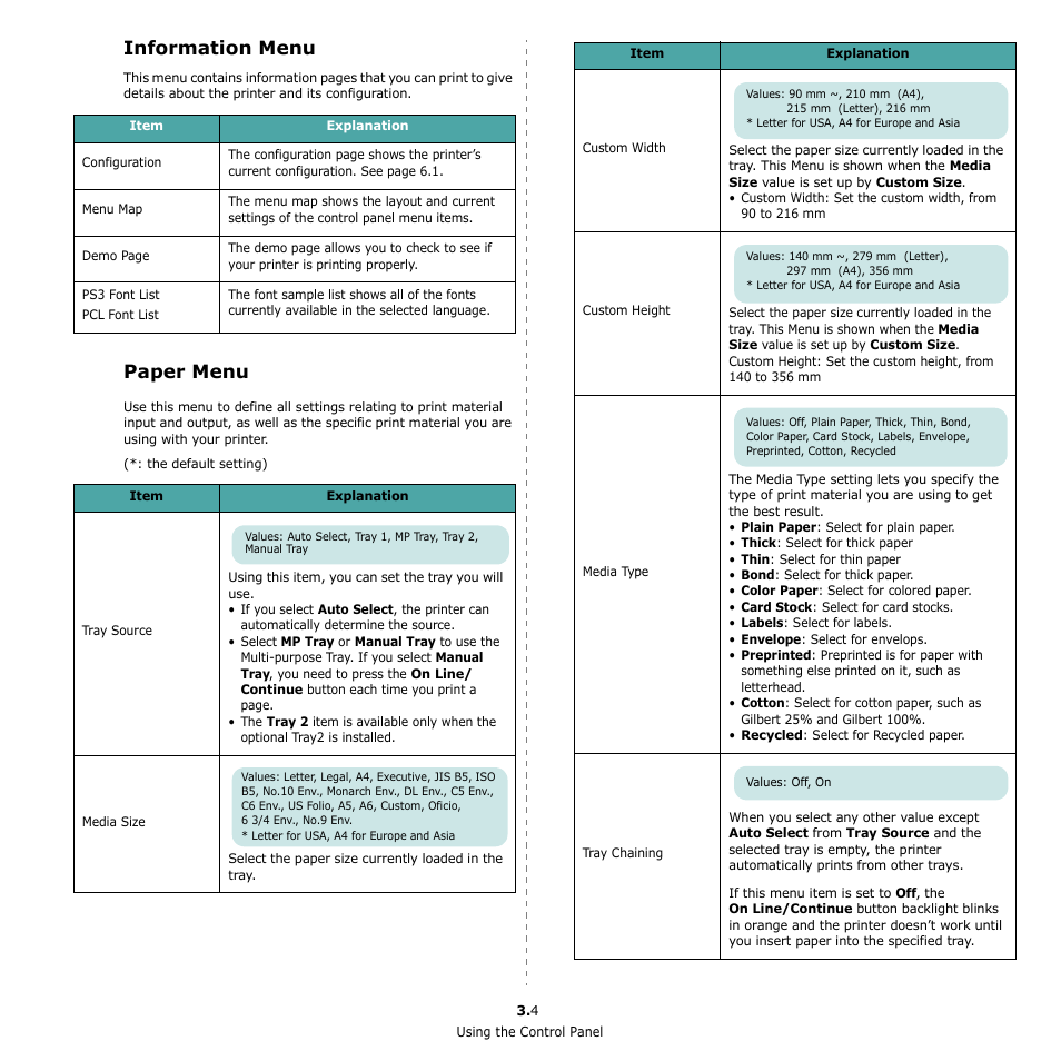 Information menu, Paper menu | Samsung CLP-650 Series User Manual | Page 25 / 117