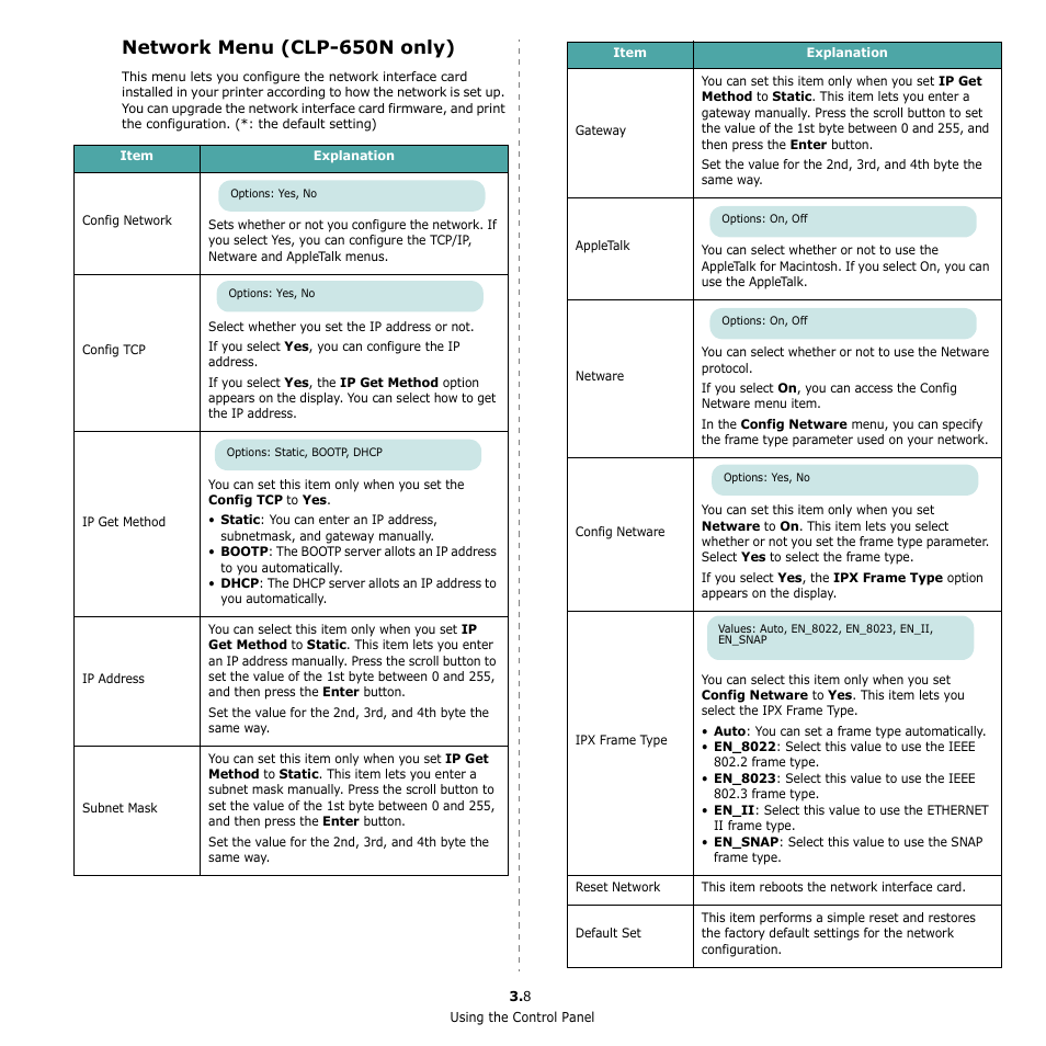 Network menu (clp-650n only) | Samsung CLP-650 Series User Manual | Page 29 / 117