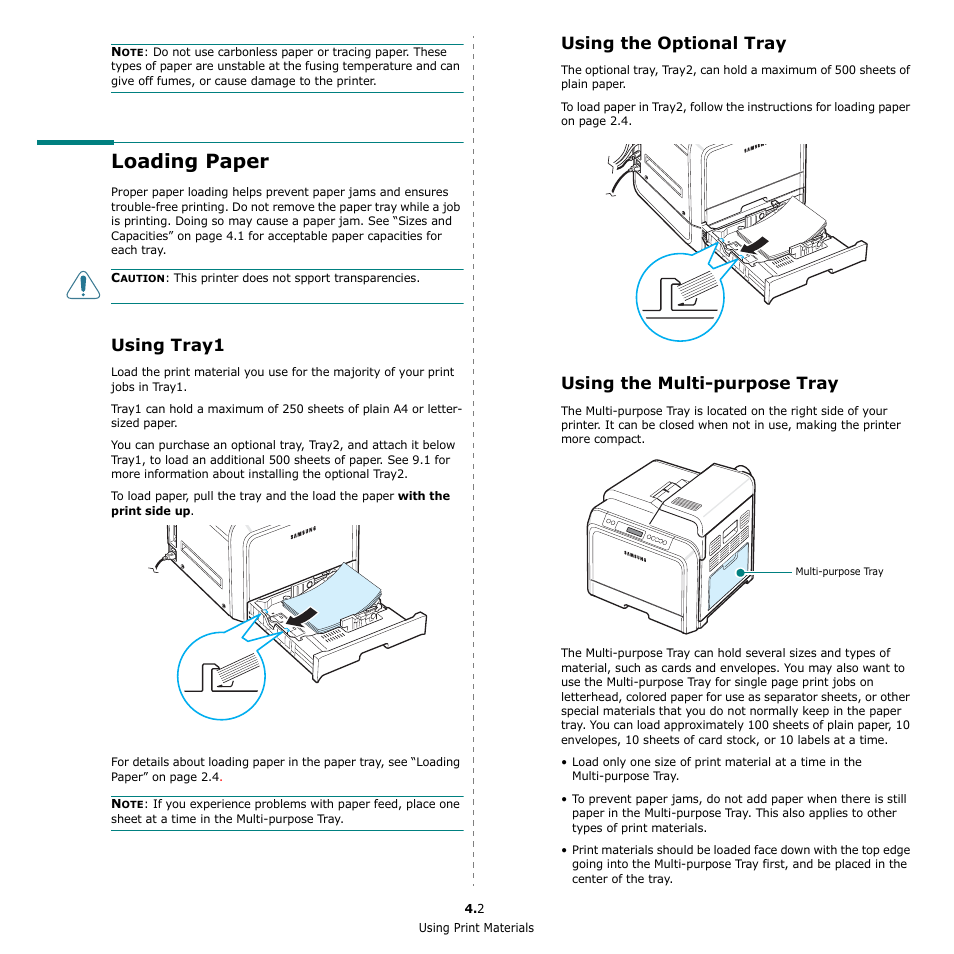 Loading paper, Using tray1, Using the optional tray | Using the multi-purpose tray | Samsung CLP-650 Series User Manual | Page 32 / 117