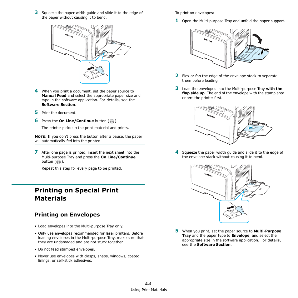 Printing on special print materials, Printing on envelopes | Samsung CLP-650 Series User Manual | Page 34 / 117