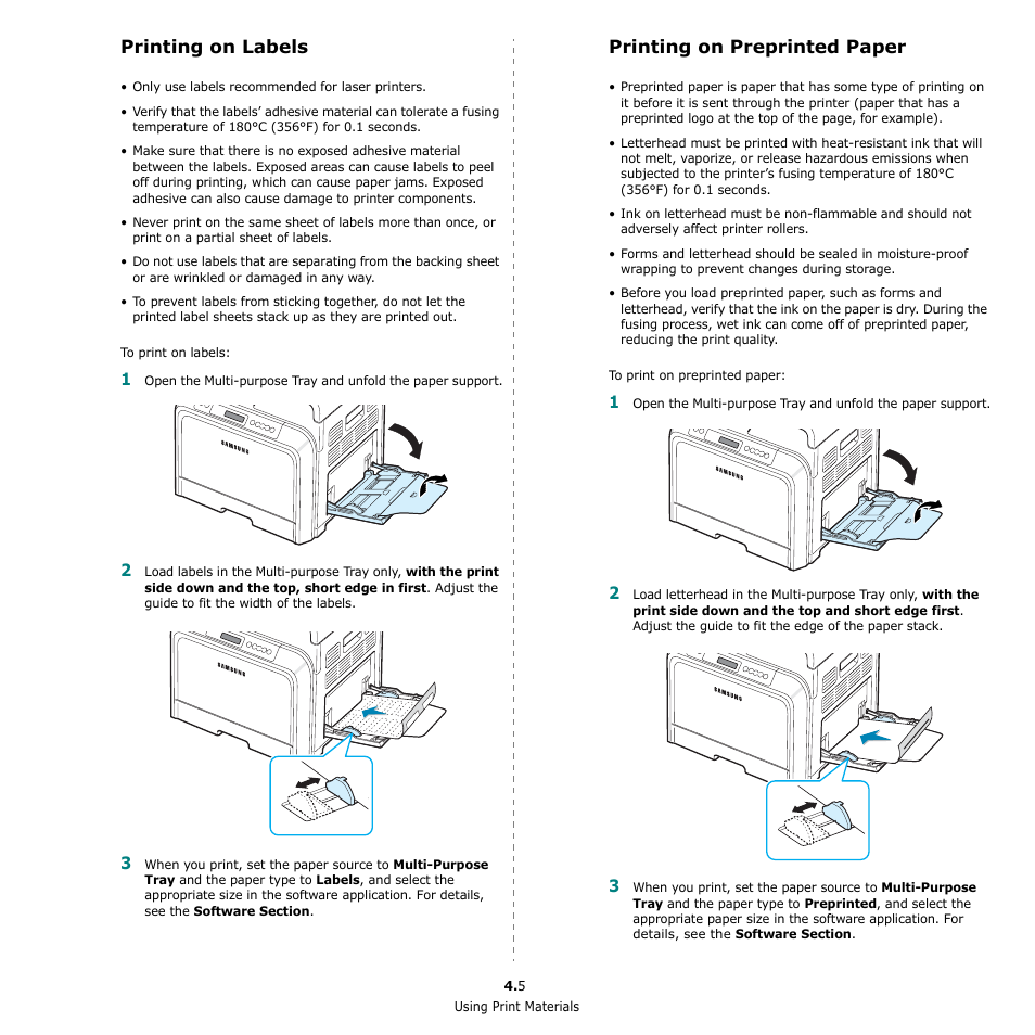 Printing on labels, Printing on preprinted paper | Samsung CLP-650 Series User Manual | Page 35 / 117