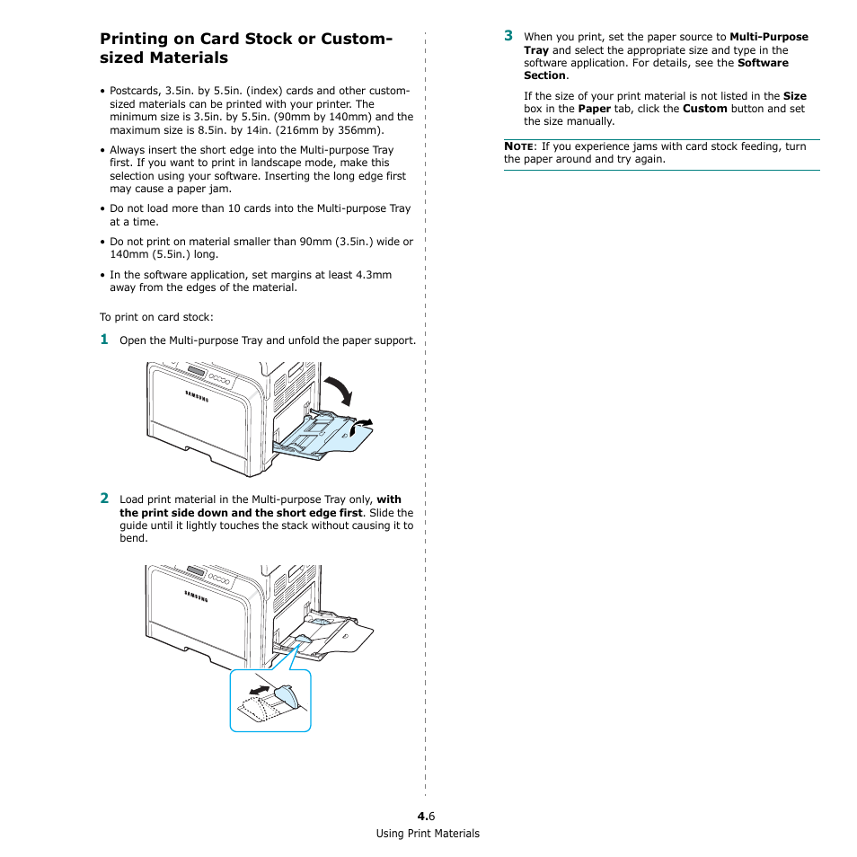 Printing on card stock or custom- sized materials, Printing on card stock or custom-sized materials | Samsung CLP-650 Series User Manual | Page 36 / 117