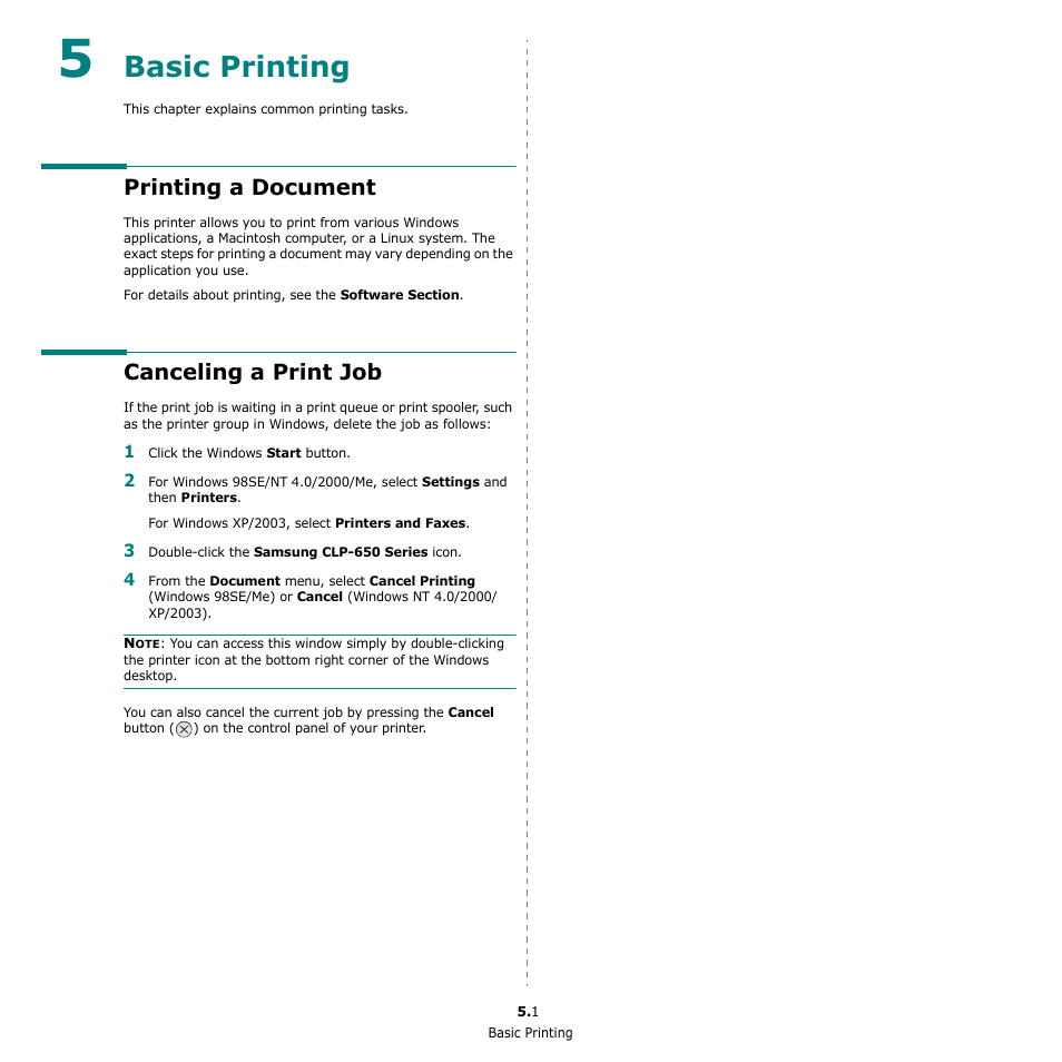 Basic printing, Printing a document, Canceling a print job | Samsung CLP-650 Series User Manual | Page 37 / 117