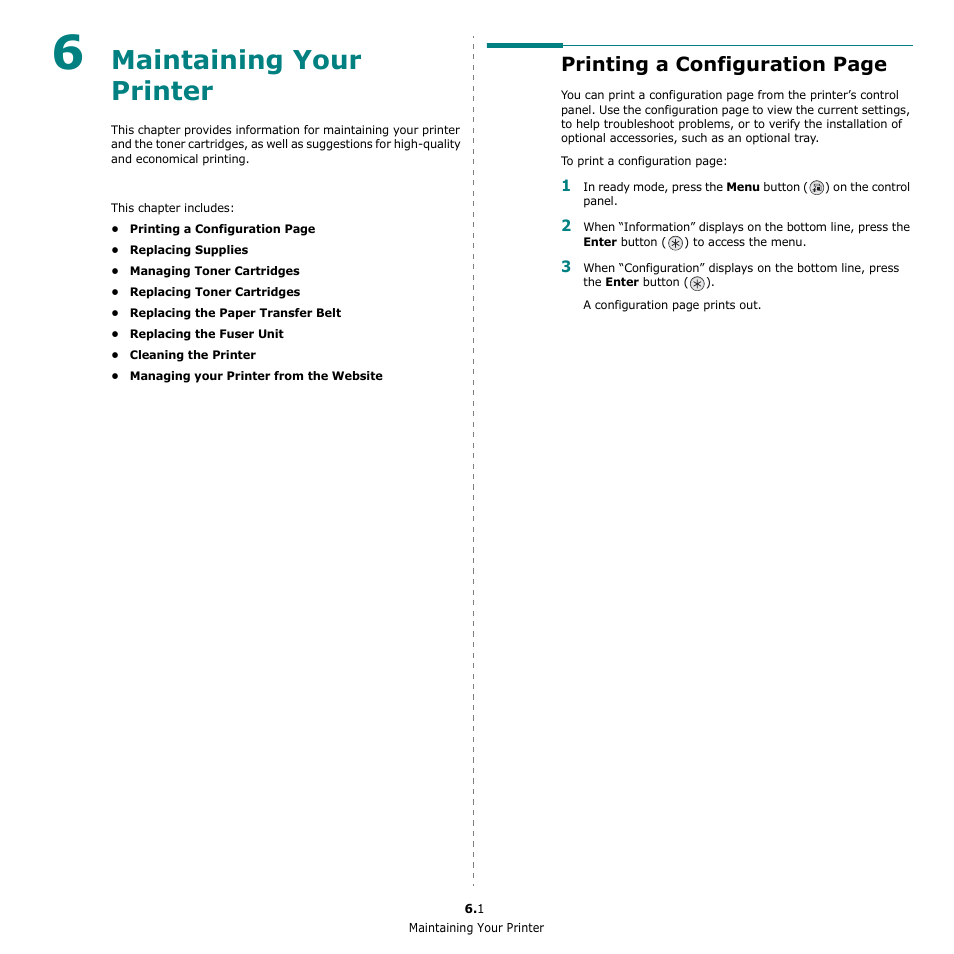 Maintaining your printer, Printing a configuration page | Samsung CLP-650 Series User Manual | Page 38 / 117