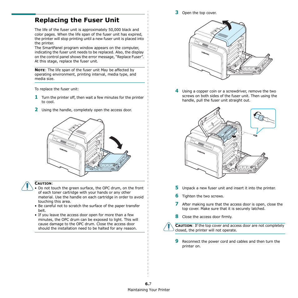 Replacing the fuser unit | Samsung CLP-650 Series User Manual | Page 44 / 117