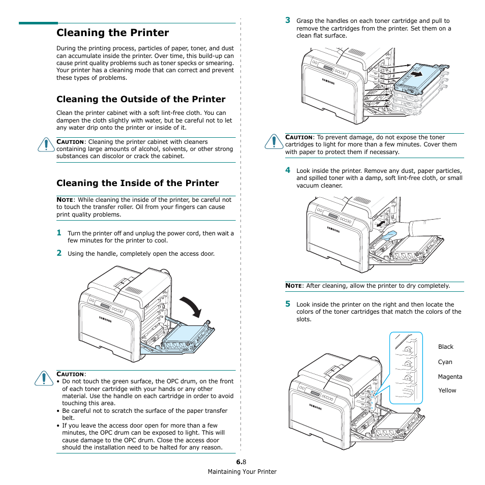 Cleaning the printer, Cleaning the outside of the printer, Cleaning the inside of the printer | Samsung CLP-650 Series User Manual | Page 45 / 117