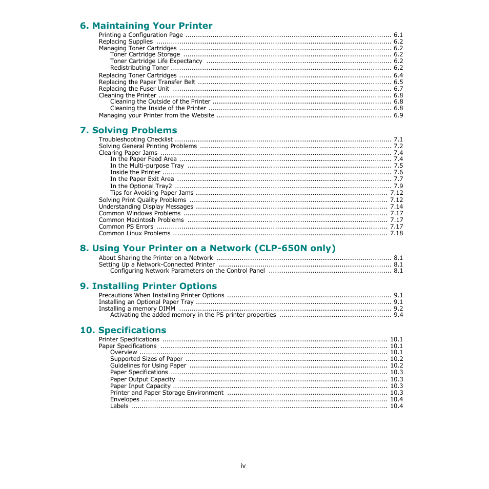 Maintaining your printer, Solving problems, Using your printer on a network (clp-650n only) | Installing printer options, Specifications | Samsung CLP-650 Series User Manual | Page 5 / 117