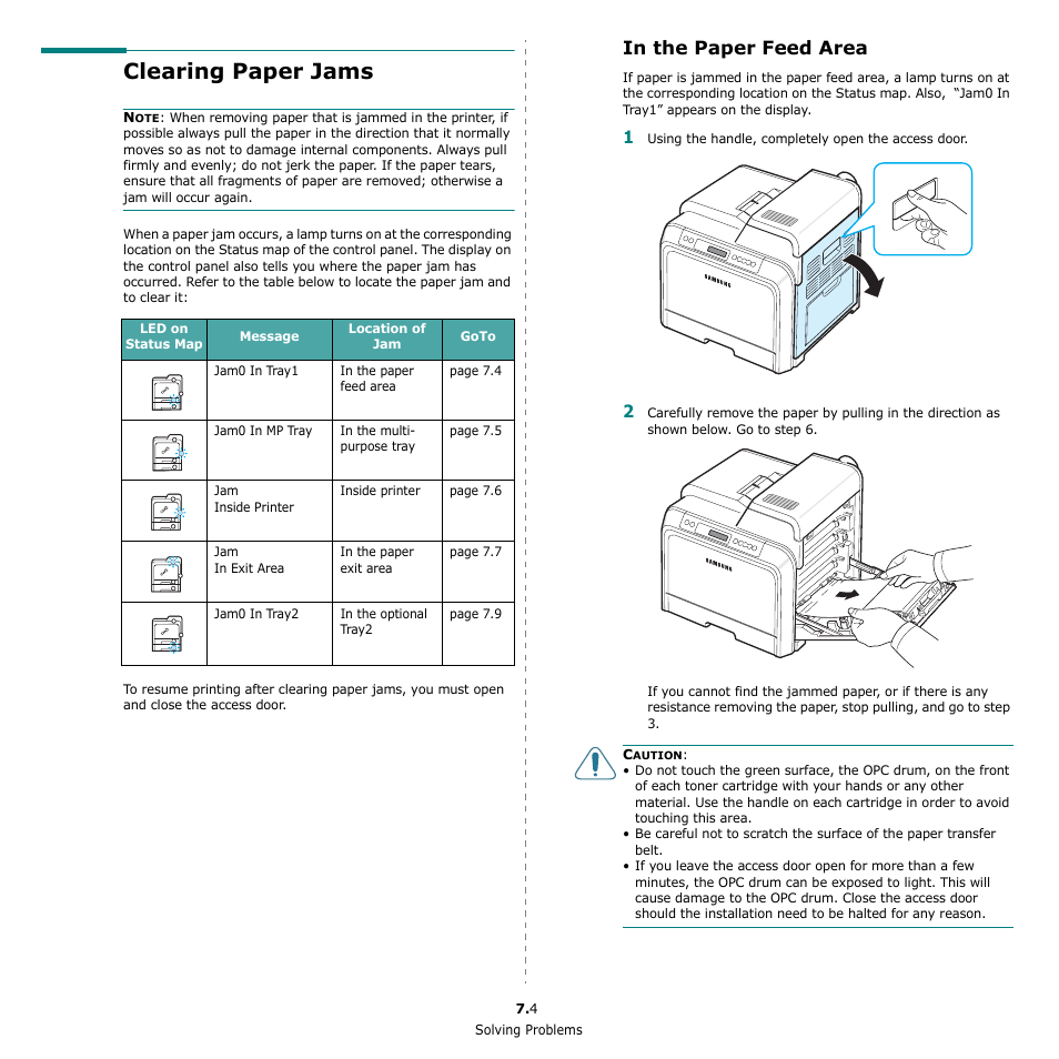 Clearing paper jams, In the paper feed area, See 7.4 | Go to “clearing | Samsung CLP-650 Series User Manual | Page 50 / 117