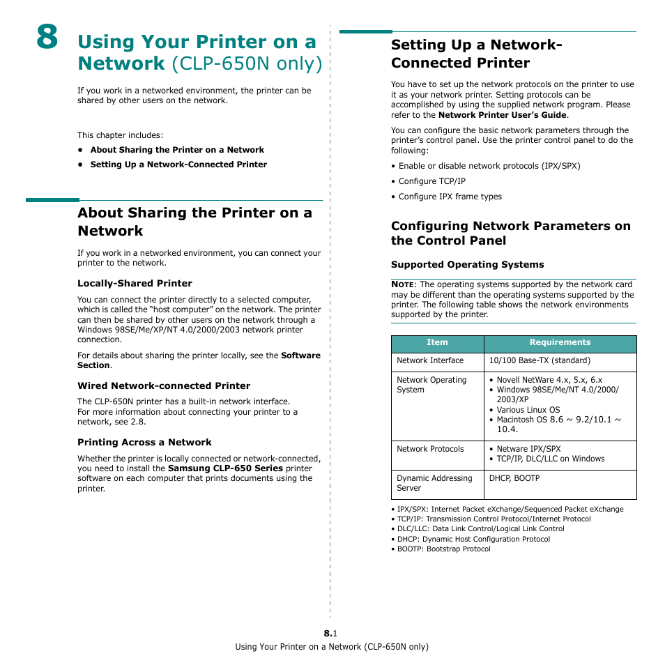 Using your printer on a network (clp-650n only), About sharing the printer on a network, Setting up a network- connected printer | Setting up a network-connected printer | Samsung CLP-650 Series User Manual | Page 66 / 117