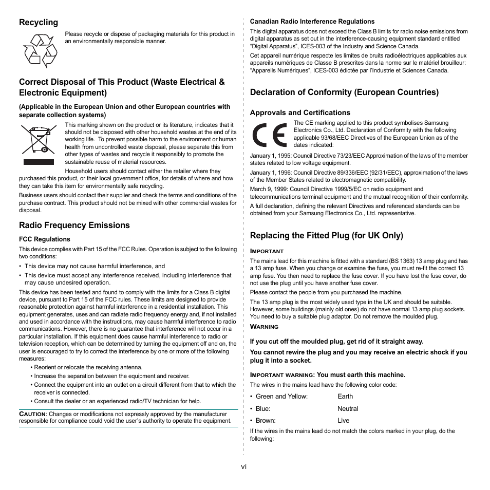 Recycling, Radio frequency emissions, Declaration of conformity (european countries) | Replacing the fitted plug (for uk only) | Samsung CLP-650 Series User Manual | Page 7 / 117