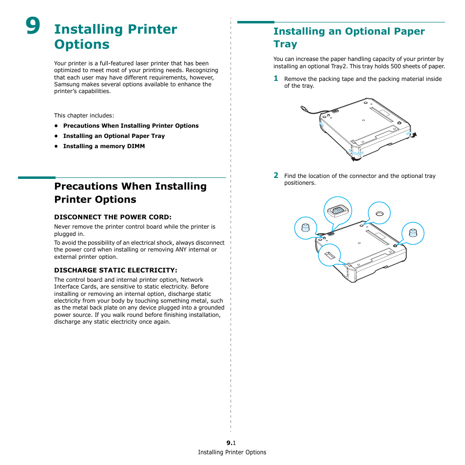 Installing printer options, Precautions when installing printer options, Installing an optional paper tray | Samsung CLP-650 Series User Manual | Page 70 / 117