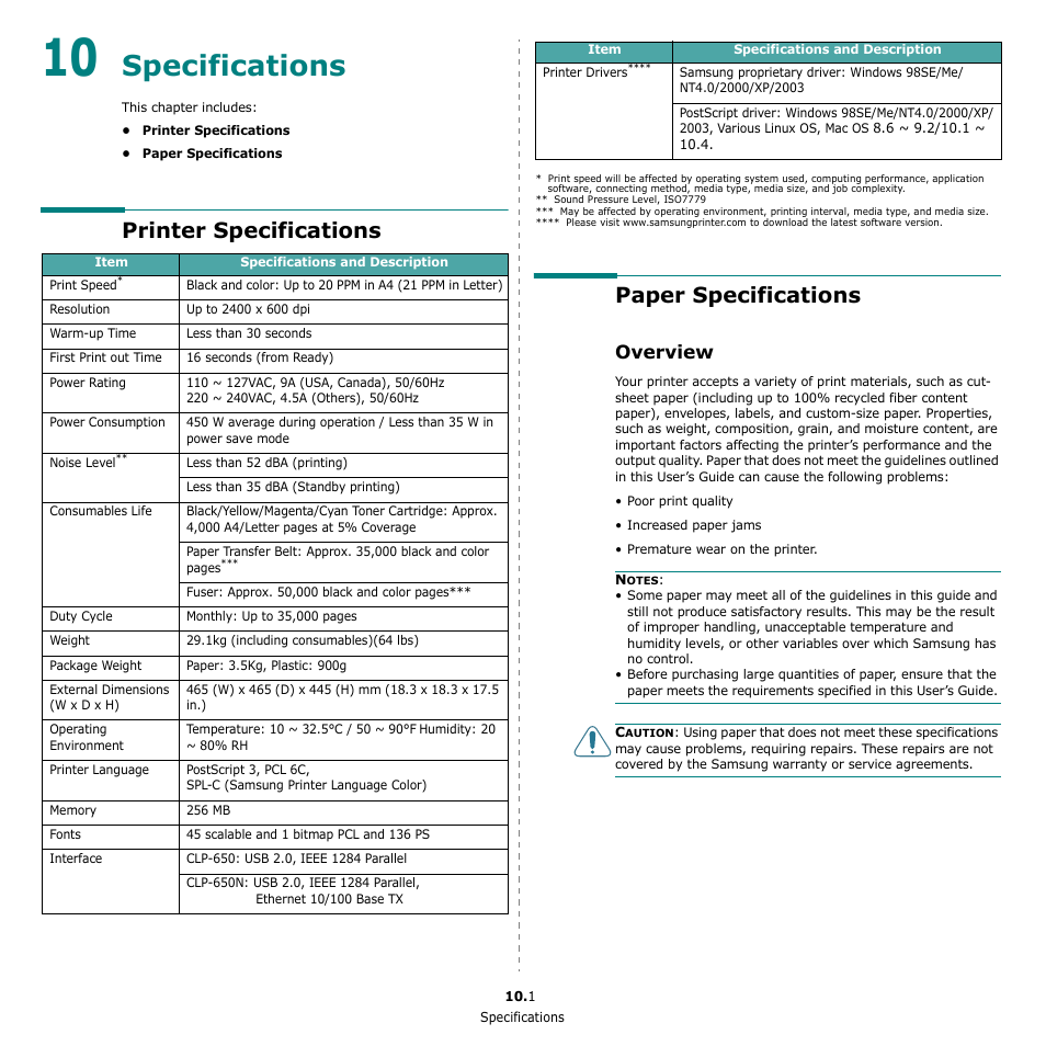 Specifications, Printer specifications, Paper specifications | Overview, Paper, Paper specifications” on, See “paper, Ee “paper | Samsung CLP-650 Series User Manual | Page 74 / 117